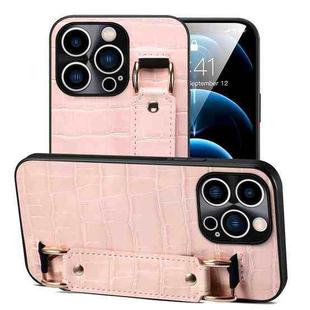 For iPhone 12 Pro Crocodile Wristband Wallet Leather Back Cover Phone Case(Pink)