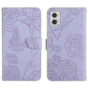 For Motorola Moto E22 4G HT03 Skin Feel Butterfly Embossed Flip Leather Phone Case(Purple)