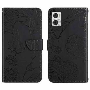 For Motorola Moto E22 4G HT03 Skin Feel Butterfly Embossed Flip Leather Phone Case(Black)