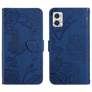 For Motorola Moto E22 4G HT03 Skin Feel Butterfly Embossed Flip Leather Phone Case(Blue)