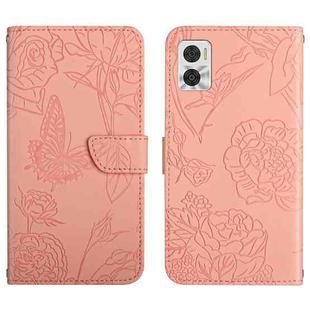 For Motorola Moto E22 4G HT03 Skin Feel Butterfly Embossed Flip Leather Phone Case(Pink)