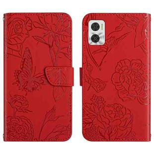 For Motorola Moto E22 4G HT03 Skin Feel Butterfly Embossed Flip Leather Phone Case(Red)