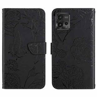 For Motorola Moto G72 4G HT03 Skin Feel Butterfly Embossed Flip Leather Phone Case(Black)