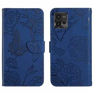 For Motorola Moto G72 4G HT03 Skin Feel Butterfly Embossed Flip Leather Phone Case(Blue)