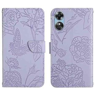 For OPPO A17 HT03 Skin Feel Butterfly Embossed Flip Leather Phone Case(Purple)