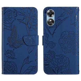 For OPPO A17 HT03 Skin Feel Butterfly Embossed Flip Leather Phone Case(Blue)