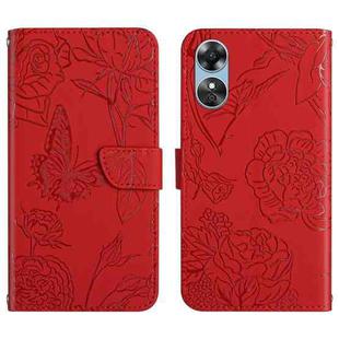 For OPPO A17 HT03 Skin Feel Butterfly Embossed Flip Leather Phone Case(Red)