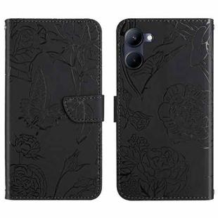 For Realme C33 HT03 Skin Feel Butterfly Embossed Flip Leather Phone Case(Black)