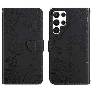 For Samsung Galaxy S23 Ultra 5G HT03 Skin Feel Butterfly Embossed Flip Leather Phone Case(Black)