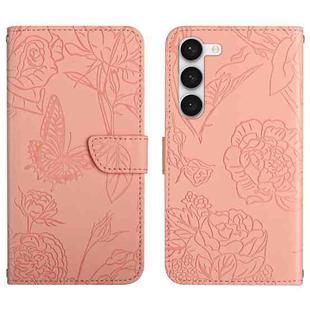 For Samsung Galaxy S23 5G HT03 Skin Feel Butterfly Embossed Flip Leather Phone Case(Pink)