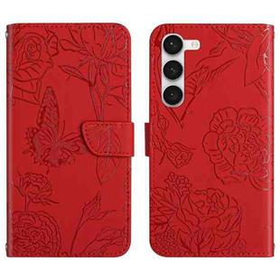 For Samsung Galaxy S23 5G HT03 Skin Feel Butterfly Embossed Flip Leather Phone Case(Red)