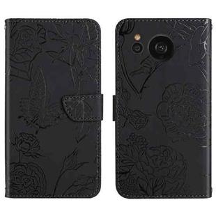 For Sharp Aquos Sense7 SH-V48 HT03 Skin Feel Butterfly Embossed Flip Leather Phone Case(Black)