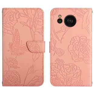 For Sharp Aquos Sense7 SH-V48 HT03 Skin Feel Butterfly Embossed Flip Leather Phone Case(Pink)