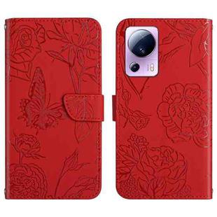 For Xiaomi 12 Lite NE HT03 Skin Feel Butterfly Embossed Flip Leather Phone Case(Red)