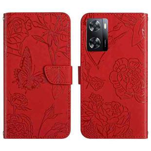 For OnePlus Nord N300 HT03 Skin Feel Butterfly Embossed Flip Leather Phone Case(Red)