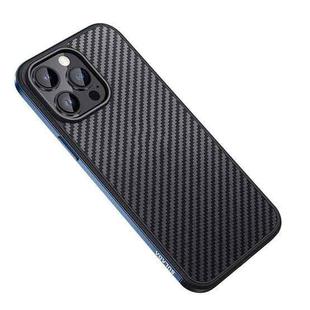 For iPhone 14 Pro Max SULADA Carbon Fiber Textured Shockproof Metal + TPU Frame Case(Dark Blue)