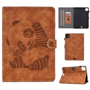 For iPad Pro 11 (2020) Embossing Sewing Thread Horizontal Painted Flat Leather Tablet Case with Sleep Function & Pen Cover & Anti Skid Strip & Card Slot & Holder(Brown)
