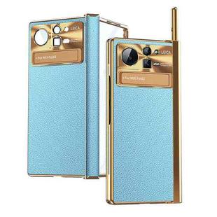 For Xiaomi Mix Fold 2 Plain Leather Double Hinged Folding Phone Case with Stylus(Gold+Blue)
