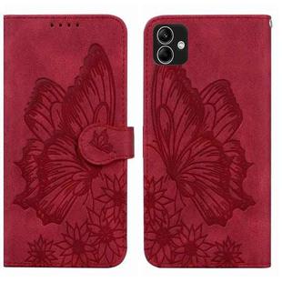For Samsung Galaxy A04 Retro Skin Feel Butterflies Embossing Horizontal Flip Leather Phone Case(Red)