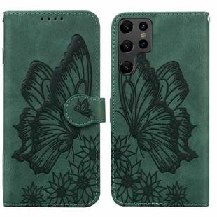 For Samsung Galaxy S23 Ultra 5G Retro Skin Feel Butterflies Embossing Horizontal Flip Leather Phone Case(Green)