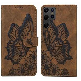 For Samsung Galaxy S23 Ultra 5G Retro Skin Feel Butterflies Embossing Horizontal Flip Leather Phone Case(Brown)