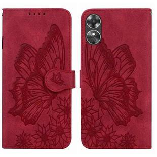 For OPPO A17 Retro Skin Feel Butterflies Embossing Horizontal Flip Leather Phone Case(Red)