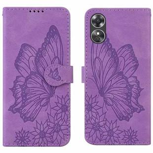 For OPPO A17 Retro Skin Feel Butterflies Embossing Horizontal Flip Leather Phone Case(Purple)