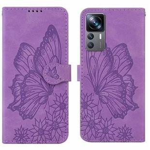 For Xiaomi 12T / 12T Pro / Redmi K50 Ultra Retro Skin Feel Butterflies Embossing Horizontal Flip Leather Phone Case(Purple)