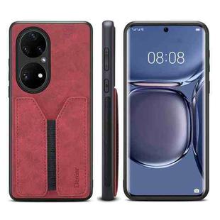 For Huawei P50 Denior DV Elastic Card PU Back Cover Phone Case(Red)