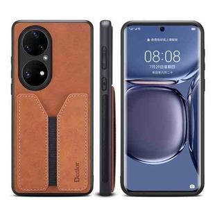 For Huawei P50 Denior DV Elastic Card PU Back Cover Phone Case(Brown)