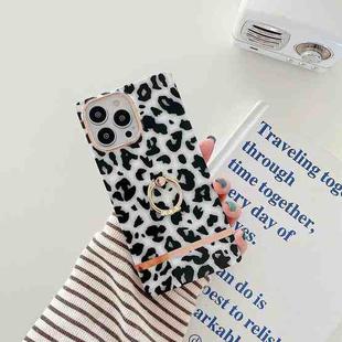 For iPhone 14 Plus Ring Holder Square Plating Gold Edge Phone Case(White Backgroud Leopard)
