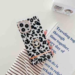 For iPhone 14 Pro Max Ring Holder Square Plating Gold Edge Phone Case(White Backgroud Leopard)