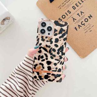 For iPhone 14 Square Plating Gold Edge Phone Case(ellow Backgroud Leopard)