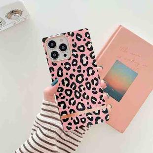 For iPhone 14 Plus Square Plating Gold Edge Phone Case(Pink Backgroud Leopard)