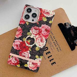 For iPhone 14 Ring Holder Square Plating Gold Edge Phone Case(Black Background Rose)