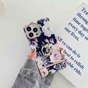 For iPhone 14 Plus Ring Holder Square Plating Gold Edge Phone Case(Blue Background Rose)