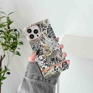 For iPhone 14 Square Plating Gold Edge Phone Case with Ring Holder(Jungle Leopard)