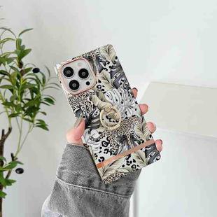 For iPhone 14 Pro Square Plating Gold Edge Phone Case with Ring Holder(Jungle Leopard)