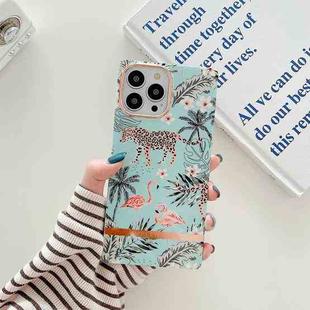 For iPhone 14 Pro Max Square Plating Gold Edge Phone Case(Beach Crane Leopard)