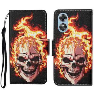 For OPPO A17 Colored Drawing Pattern Leather Phone Case(Flame Skull)
