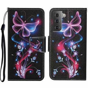 For Samsung Galaxy S23 5G Colored Drawing Pattern Leather Phone Case(Fluorescent Butterfly)