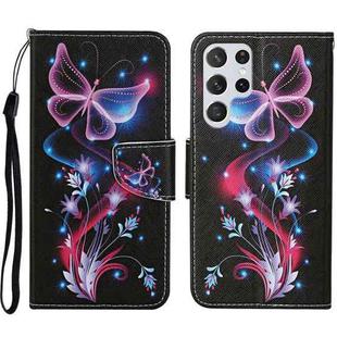 For Samsung Galaxy S23 Ultra 5G Colored Drawing Pattern Leather Phone Case(Fluorescent Butterfly)