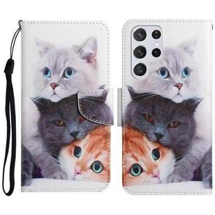 For Samsung Galaxy S23 Ultra 5G Colored Drawing Pattern Leather Phone Case(3 Cats)