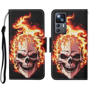 For Xiaomi 12T / 12T Pro / Redmi K50 Ultra Colored Drawing Pattern Leather Phone Case(Flame Skull)