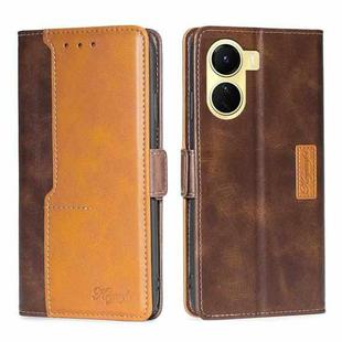 For vivo Y16 4G/Y02s 4G Contrast Color Side Buckle Leather Phone Case(Dark Brown+Gold)