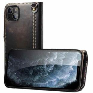 For iPhone 14 Plus Denior Oil Wax Cowhide Magnetic Button Genuine Leather Case(Black)