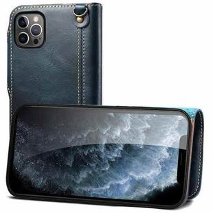 For iPhone 13 Pro Max Denior Oil Wax Cowhide Magnetic Button Genuine Leather Case(Dark Blue)