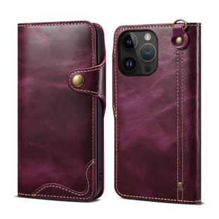 For iPhone 12 / 12 Pro Denior Oil Wax Cowhide Magnetic Button Genuine Leather Case (Purple)