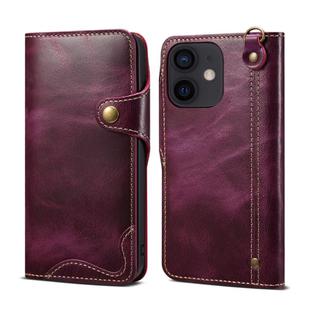 For iPhone 12 mini Denior Oil Wax Cowhide Magnetic Button Genuine Leather Case (Purple)