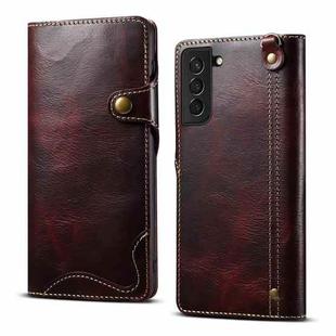 For Samsung Galaxy S21 5G Denior Oil Wax Cowhide Magnetic Button Genuine Leather Case(Dark Red)